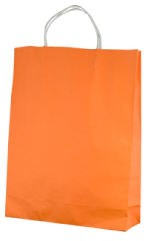 Vibrant orange twist handle paper bags, 42x31cm with 11cm gusset, eco-friendly, and perfect for retail or gifting.