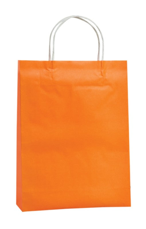 Vibrant orange small paper bags with twist handles, 42x31cm, durable and eco-friendly for retail or gifting.