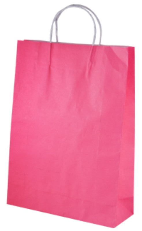 Stylish pink paper bags with twist handles, 42 x 31cm, 11cm gusset, eco-friendly, 250 bags per case for retail and gifts.