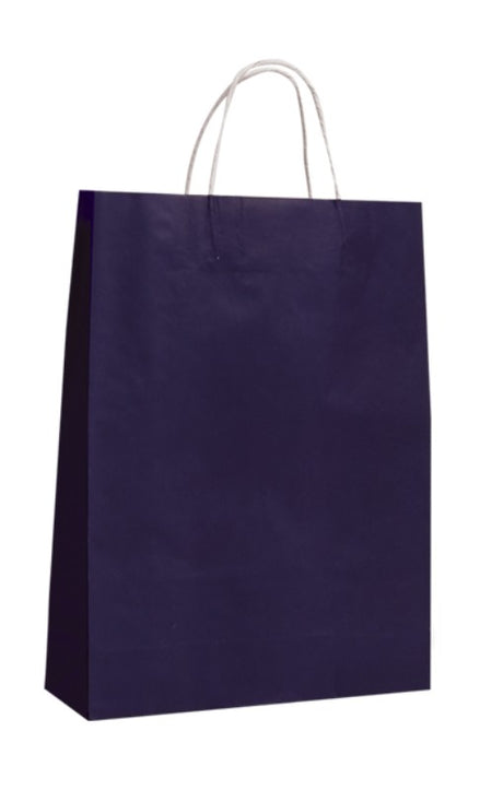 Vibrant purple paper bags with twist handles, eco-friendly, 42x31cm, perfect for retail and events, 250 per case.