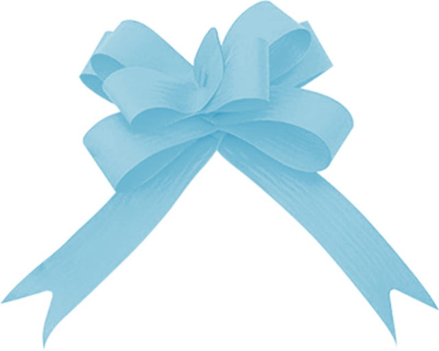 Pale blue pull bows in a bulk pack of 100, designed for effortless gift wrapping with a simple pull string mechanism.