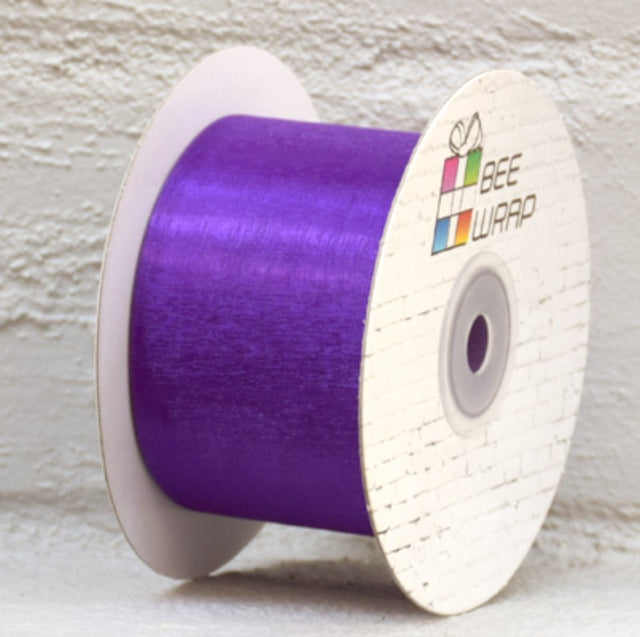 Violet organza ribbon, 50mm wide and 50m long, perfect for elegant crafts, gift wrapping, and floral decorations.