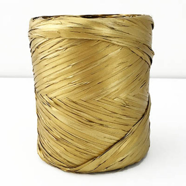 Luxurious gold poly raffia, 5mm wide and 200m long, perfect for crafting, decorating, and gift wrapping.
