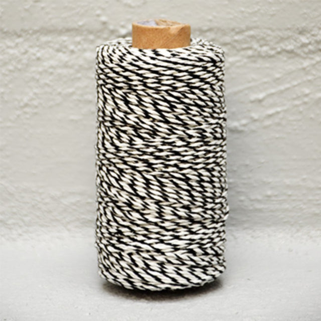 Black and white bakers twine, 2mm thickness, 100 meters long, perfect for gift wrapping and crafts.