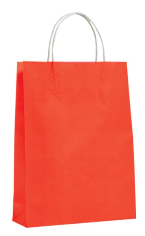 Vibrant red twist handle paper bags, 42x31cm, eco-friendly, durable, ideal for retail and gifting; 250 bags per case.
