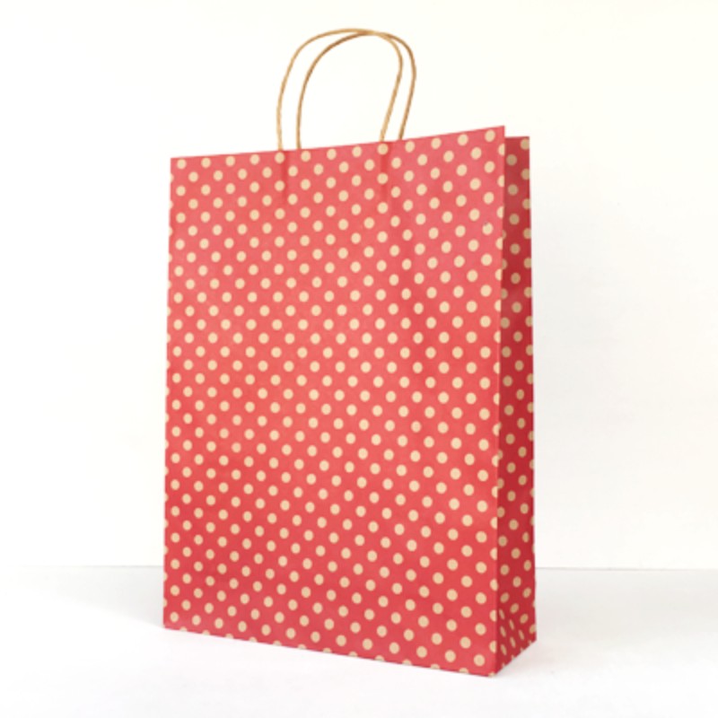 Stylish red spot kraft paper bags, eco-friendly, 42x31cm, 11cm gusset, perfect for retail, gifts, and events.