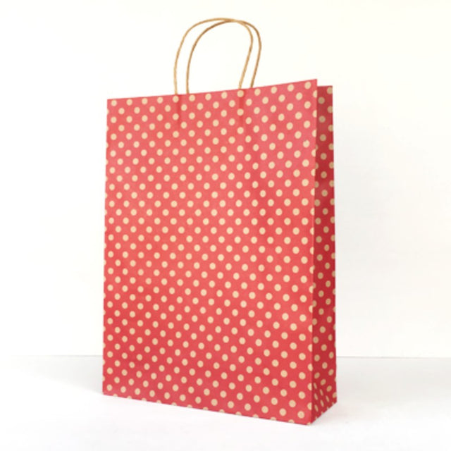 Stylish red spot kraft paper bags, eco-friendly, 42x31cm, 11cm gusset, perfect for retail, gifts, and events.
