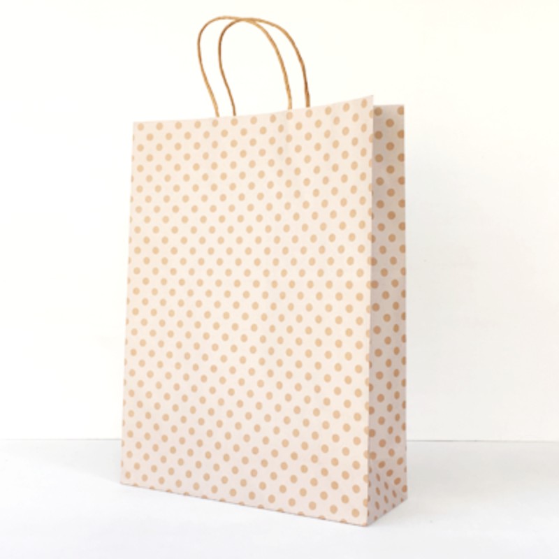 Eco-friendly white spot kraft paper bags, 42x31cm, in a bulk pack of 100 with strong handles for easy carrying.