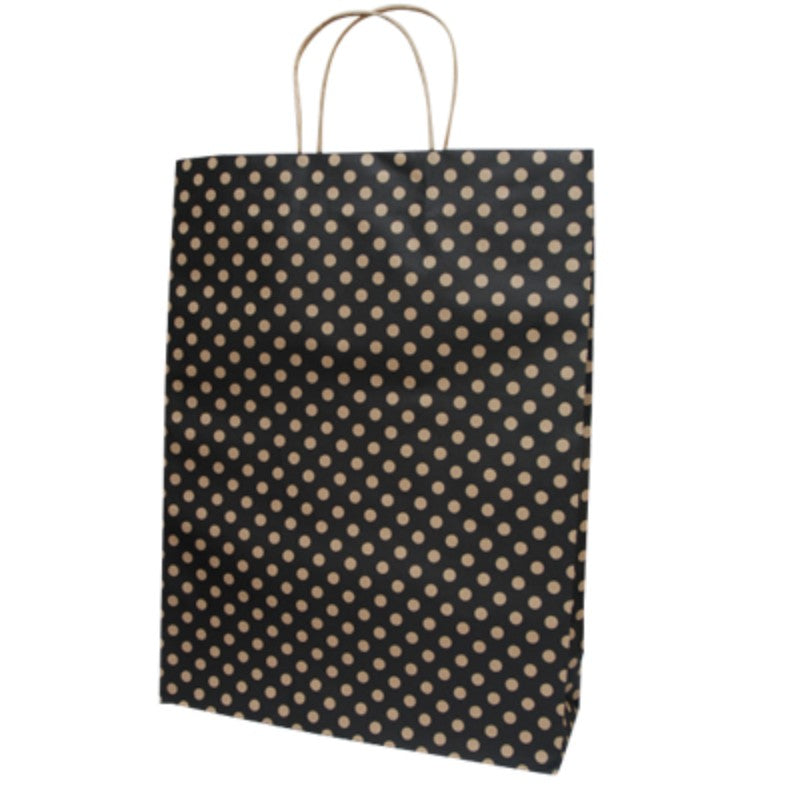 Eco-friendly black spot kraft paper bags, 42x31cm, perfect for retail and events, pack of 100 for versatile use.