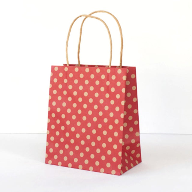 Vibrant red spot kraft toddler paper bags, eco-friendly, perfect for treats and party favors, pack of 25, 200mm tall.