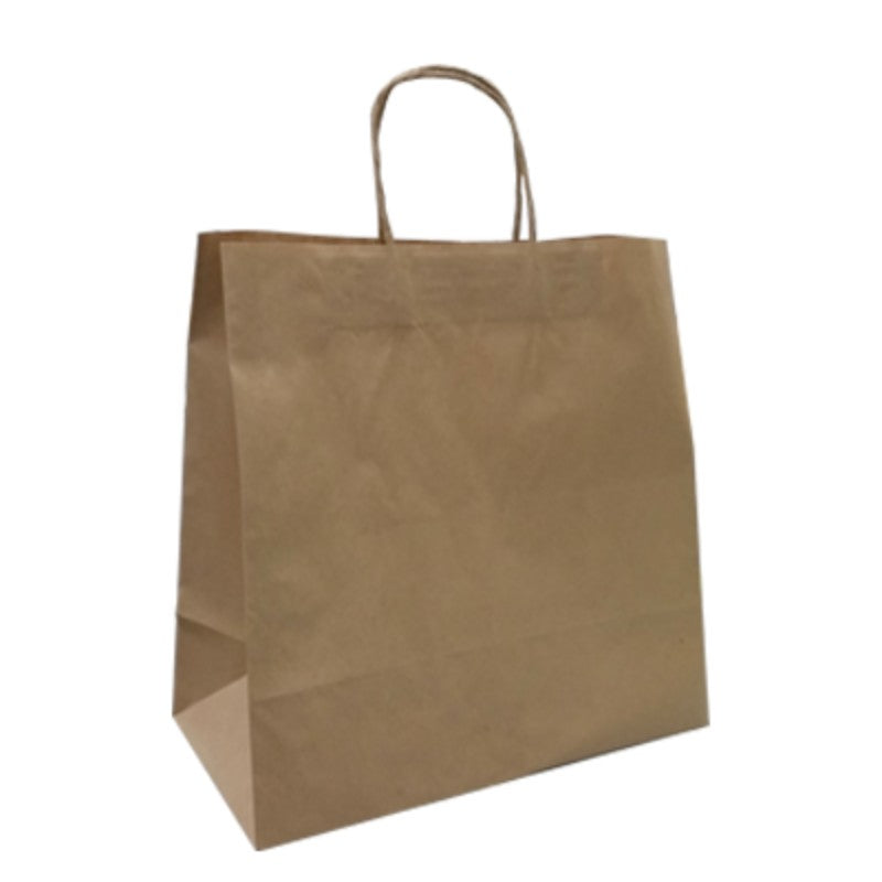 Brown kraft paper takeaway bags with sturdy handles, 33x32cm size, eco-friendly, perfect for restaurants and food trucks.