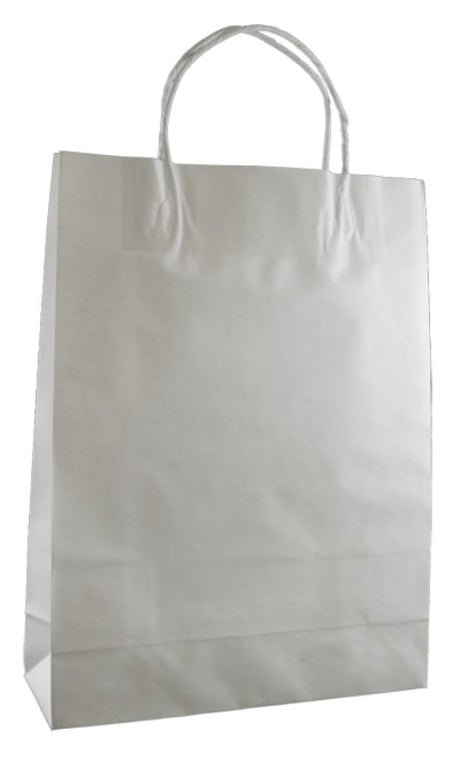 Eco-friendly white kraft paper bags with strong handles, 35x26cm size, perfect for retail and culinary use, 250 per case.