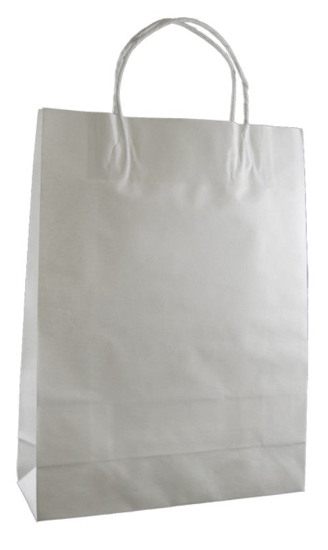 Eco-friendly white kraft paper bags with strong handles, 35x26cm size, perfect for retail and culinary use, 250 per case.