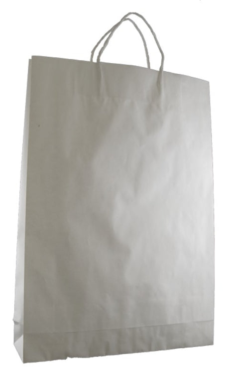 Eco-friendly white kraft paper bags with twist handles, 48 x 34 cm, bulk pack of 250 for versatile carrying needs.