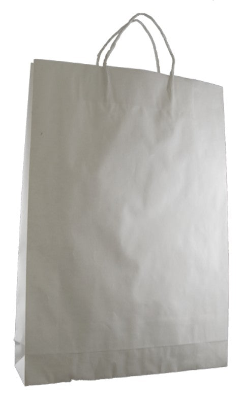 Eco-friendly white kraft paper bags with twist handles, 48 x 34 cm, bulk pack of 250 for versatile carrying needs.