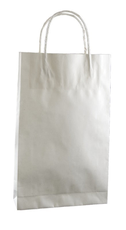 White kraft paper bags with twist handles, 26.5x16cm, ideal for retail and gifting, 500 bags per case.