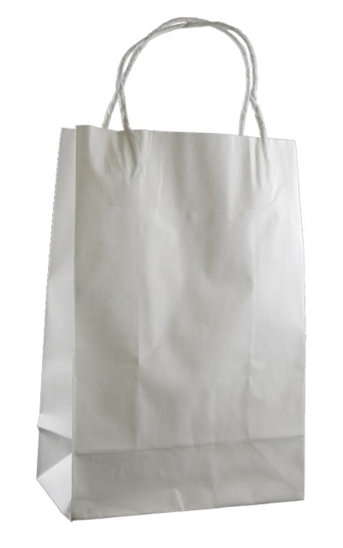 Premium white kraft paper bags, 29x20cm, 10cm gusset, with twist handles; ideal for retail and eco-friendly packaging.