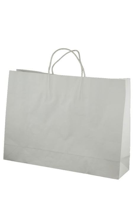 Durable white paper bags with twist handles, 42x31cm size, eco-friendly and ideal for retail and special events.