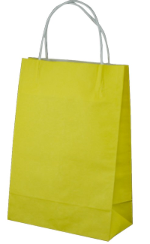 Bright yellow paper bags with twist handles, measuring 29x20cm and 10cm gusset, perfect for retail and eco-friendly packaging.