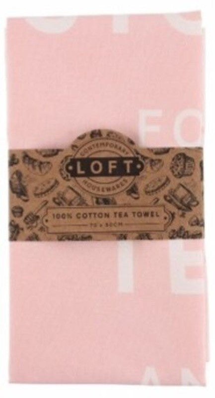 Elegant pink Loft Tea Towel measuring 28 x 50 cm, perfect for drying dishes and enhancing kitchen decor.