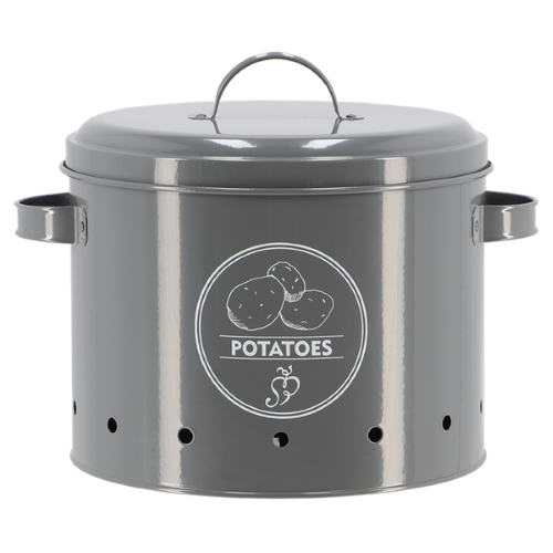 Charcoal potato storage tin with ventilation holes, stylish design, keeps potatoes fresh and organized (27 x 23 x 21cm).