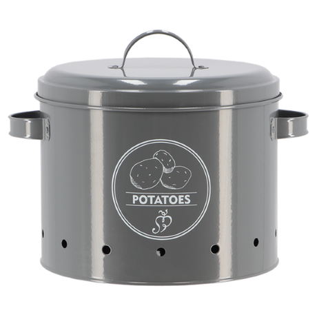 Charcoal potato storage tin with ventilation holes, stylish design, keeps potatoes fresh and organized (27 x 23 x 21cm).