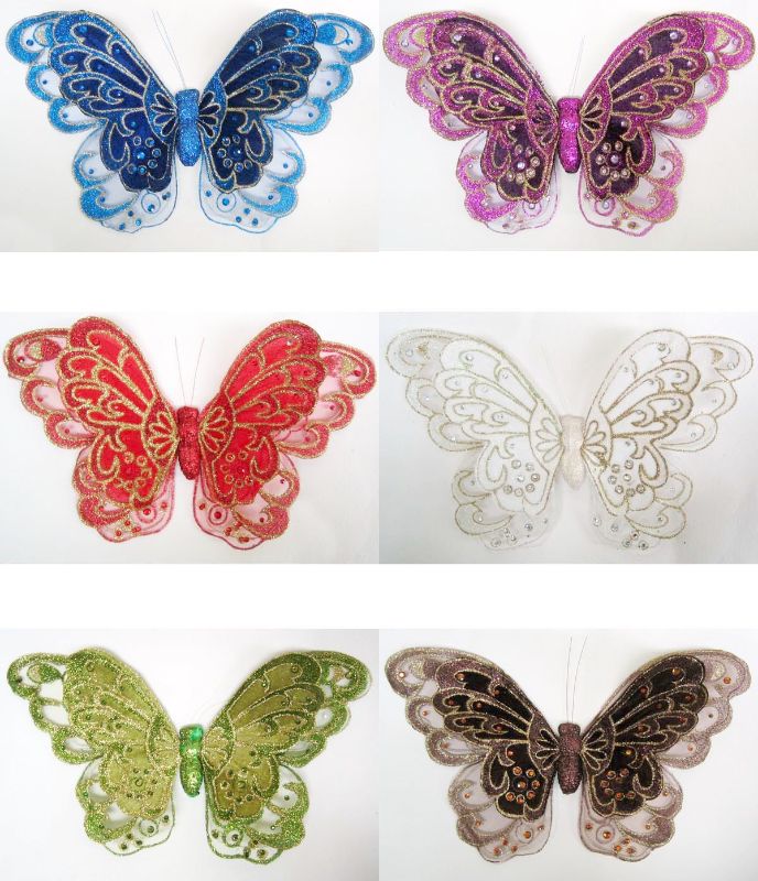 Gold gauze butterfly clip with glitter, adding elegance and sparkle for versatile hairstyles and special occasions.