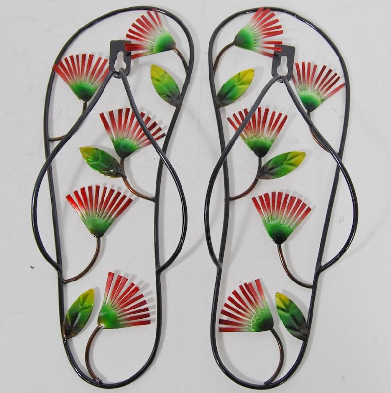 Set of 2 metal wall hangings featuring colorful jandal design with pohutukawa flowers, ideal for indoor and outdoor decor.