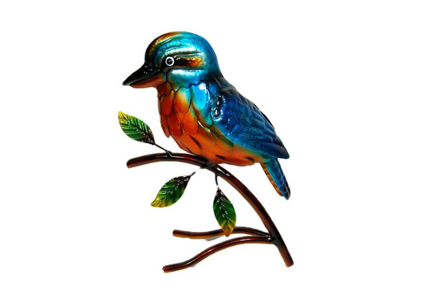 Freestanding 24cm kingfisher metal ornament on branch, showcasing vibrant colors and intricate detailing for nature-inspired decor.