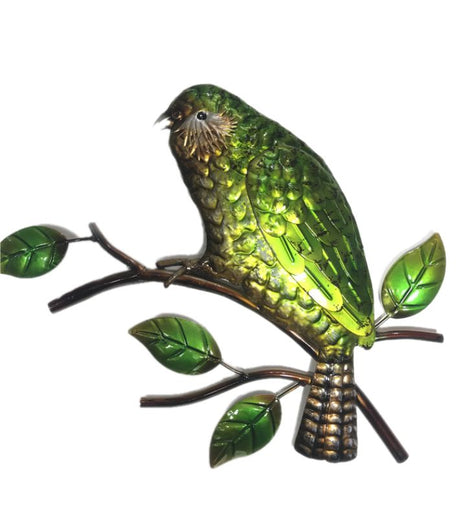 Metal wall art featuring a beautifully crafted 39cm Kakapo parrot, ideal for nature-inspired home decor.