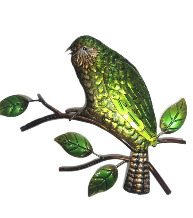 Metal wall art featuring a beautifully crafted 39cm Kakapo parrot, ideal for nature-inspired home decor.