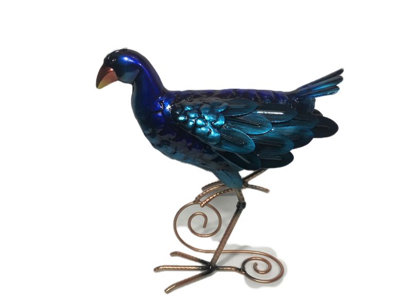 Freestanding metal ornament of a crouching Pukeko, showcasing intricate details, ideal for decor or as a unique gift.