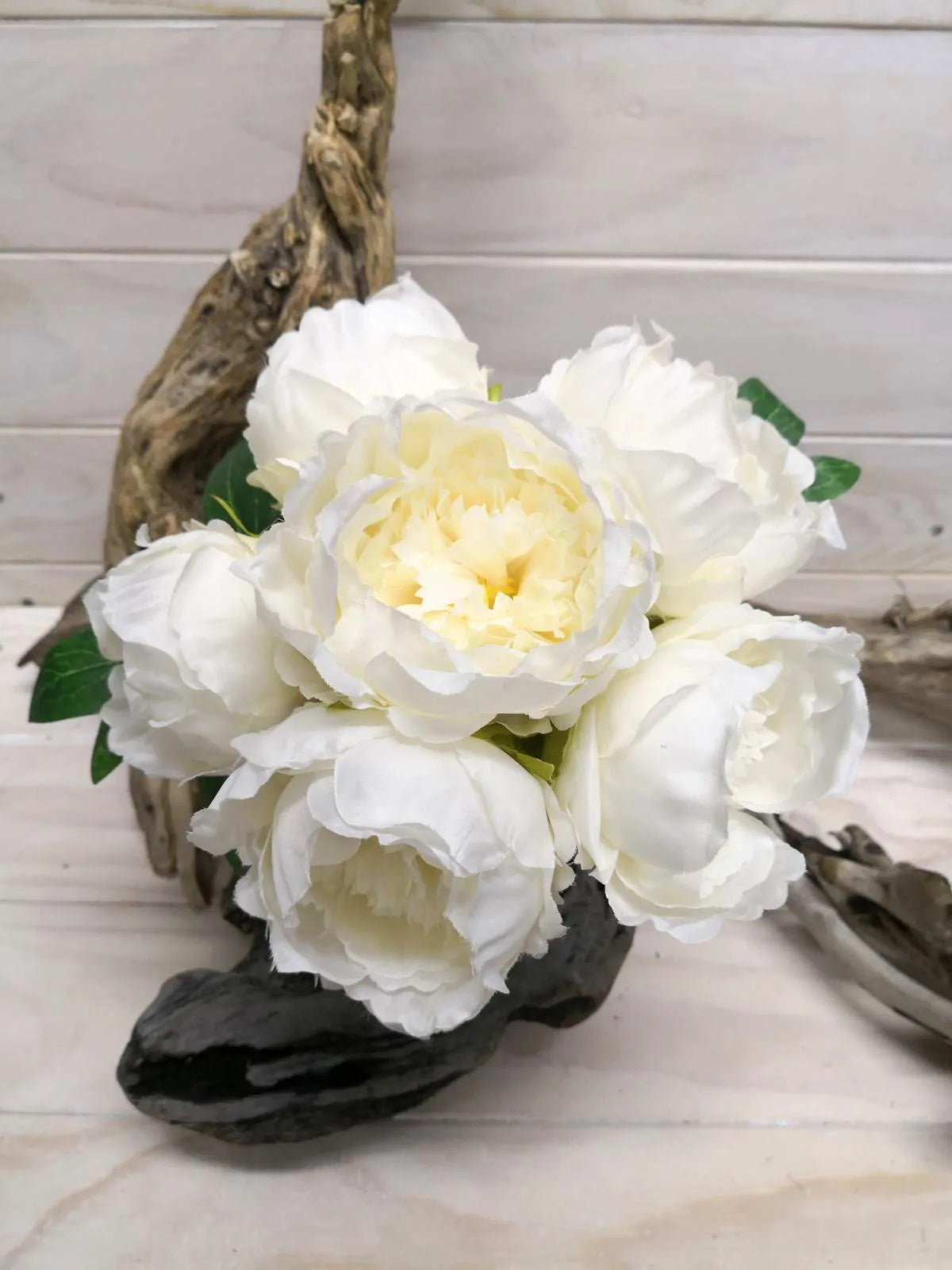 Lifelike Cream Peony Posy bouquet featuring elegant blooms and greenery, perfect for home decor and special events.