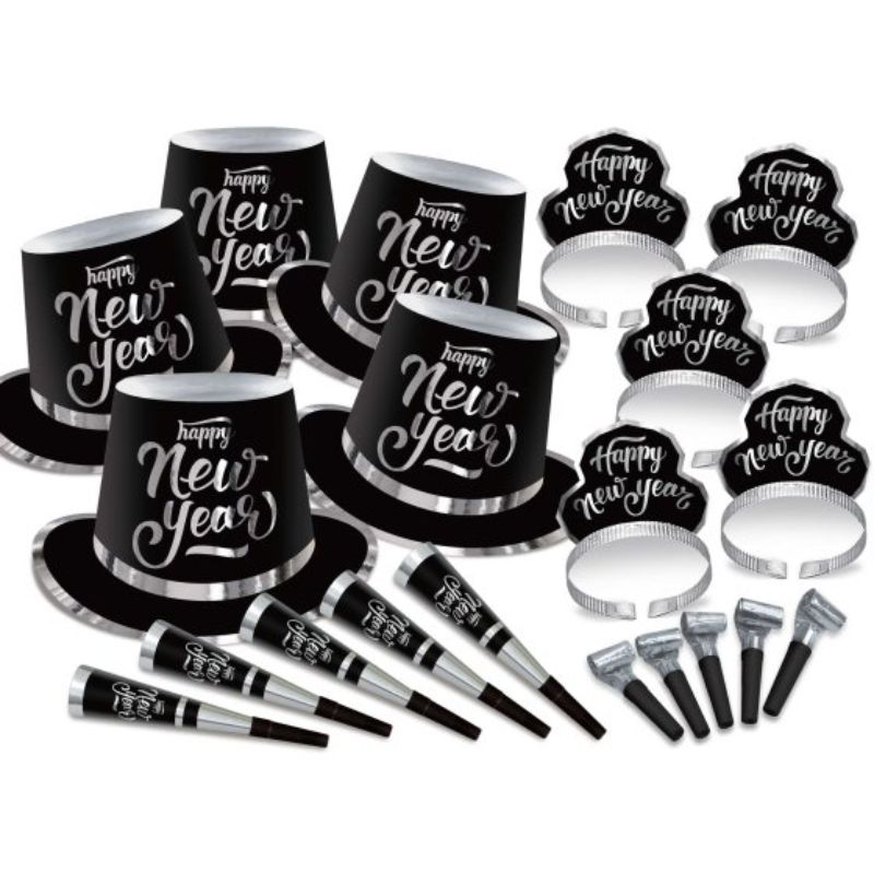 New Year's Party Box Kit Black & Silver for 20 People (Set of 20)