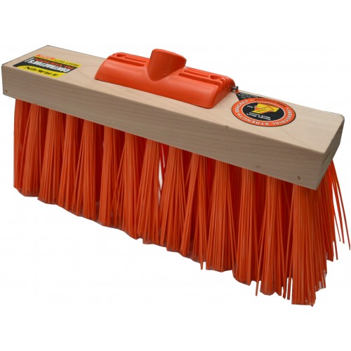 Heavy duty 355mm yard broom with bright orange bristles and ergonomic handle, ideal for outdoor cleaning tasks.