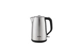 Brushed stainless steel kettle (1.7L) with 2400W fast boil, 360-degree base, and easy one-handed lid release for quick filling.