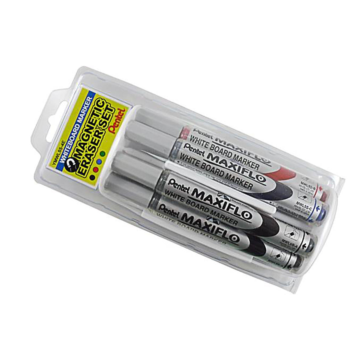 Pentel Maxiflo whiteboard markers pack of 4 with a magnetic duster, featuring long-lasting, rejuvenating liquid ink system.