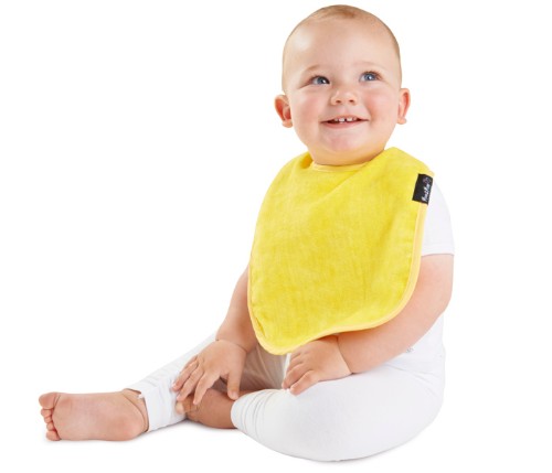 Vibrant yellow Standard Wonder Bib for infants, super-absorbent, machine washable, protects against dribble rash and reflux.