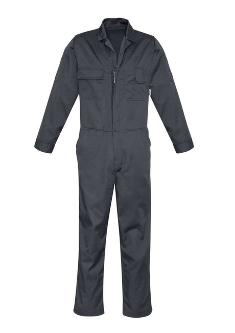 Syzmik men's charcoal overall features durable fabric, elastic back, zip front, multiple pockets for tools, and adjustable cuffs.