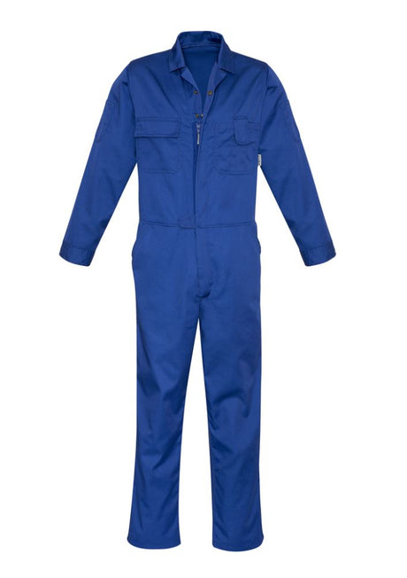 Durable Syzmik men's service overall in royal blue, featuring a two-way zip, multiple pockets, and elasticated back for mobility.