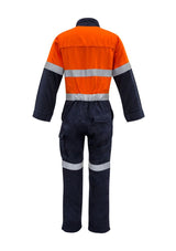 Men's FR Taped Spliced Overall in orange and navy, featuring breathable Modatech fabric and flame-resistant design for safety.