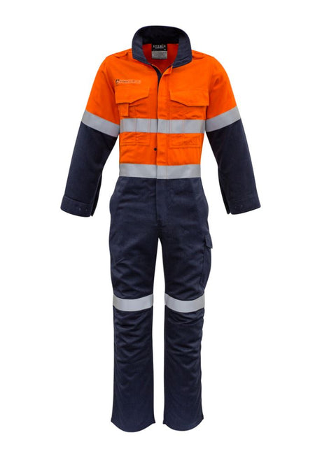 Men's FR Taped Spliced Overall in orange and navy, featuring durable, breathable fabric and multiple pockets for functionality.