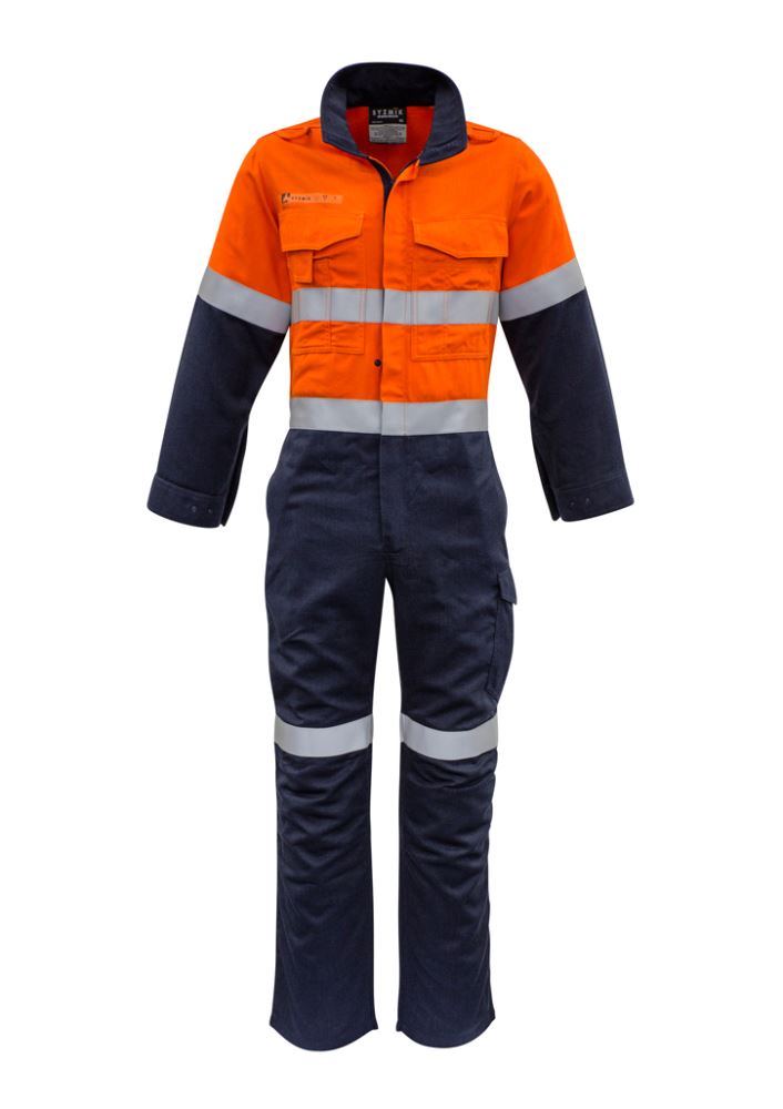 Men's FR Taped Spliced Overall in vibrant orange and navy, featuring flame resistance, multiple pockets, and enhanced ventilation.
