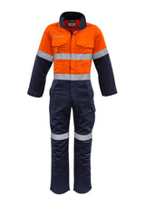 Men's FR Taped Spliced Overall in vibrant orange and navy, featuring flame resistance, multiple pockets, and enhanced ventilation.