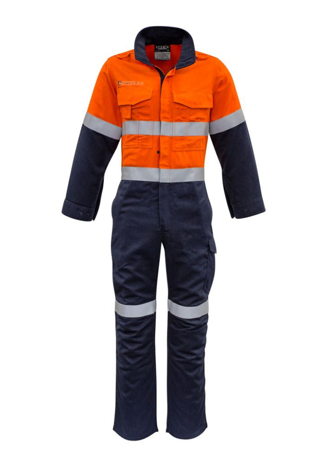 Men's FR Taped Spliced Overall in vibrant orange and navy, featuring flame resistance, multiple pockets, and enhanced ventilation.