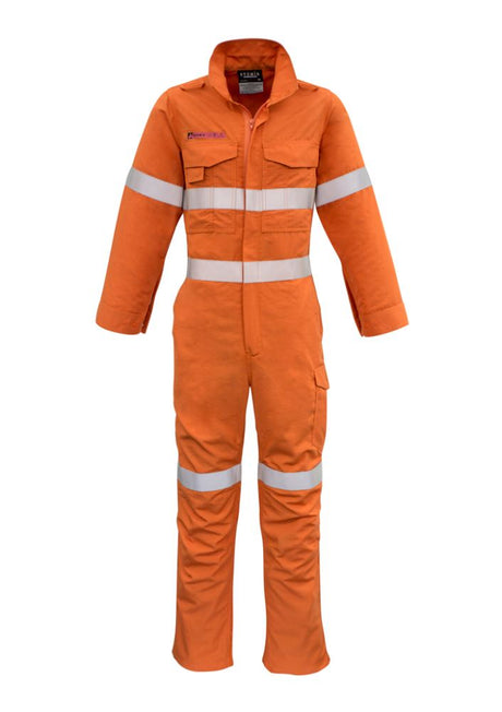 Men's fiery orange FR Hoop Taped Overall from Syzmik, featuring flame-resistant fabric and functional pockets for safety and comfort.