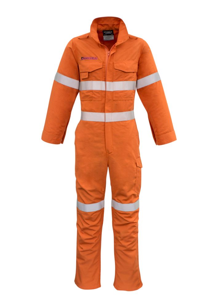Men's flame-resistant orange overalls with multiple pockets, breathable mesh, and a two-way zip for safety and comfort.