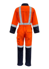 Vibrant orange and navy men's FR overalls by Syzmik, designed for safety, comfort, and style in hazardous work environments.