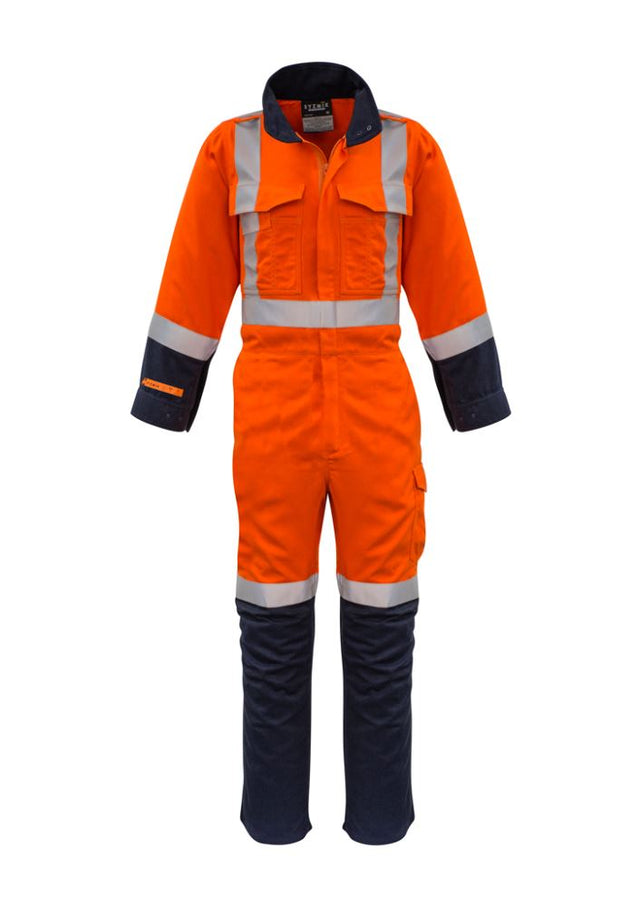 Syzmik Men's FR TTMC W Overall in vibrant orange and navy, featuring breathable Modatech fabric, cargo pockets, and safety compliance.
