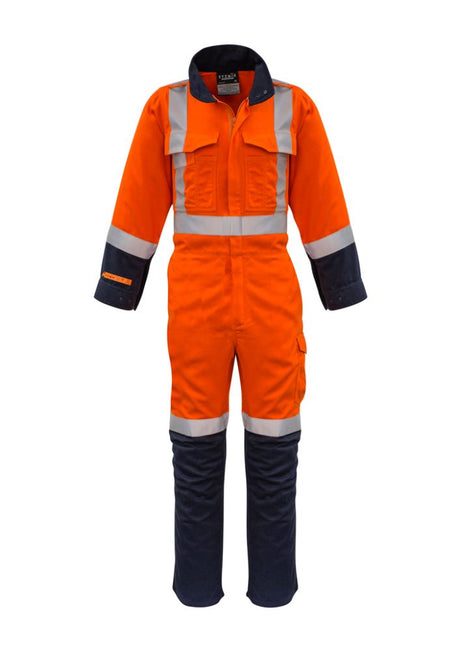 Syzmik Men's FR TTMC W Overall in orange and navy, featuring breathable fabric, safety pockets, and a two-way zip closure.